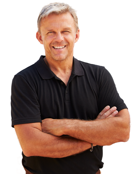 A male seawall contractor in a black shirt with his arms crossed.